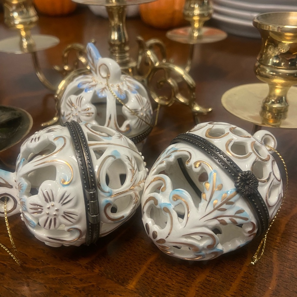 3 Elegant White/ Gold Porcelain Ornaments